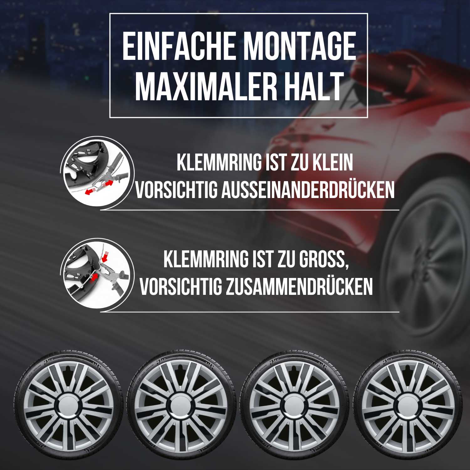 Mirage Radkappen Montageanleitung, 4 Stück 13-17 Zoll Matt/Glänzend – Premium Radzierblenden, Autostyling