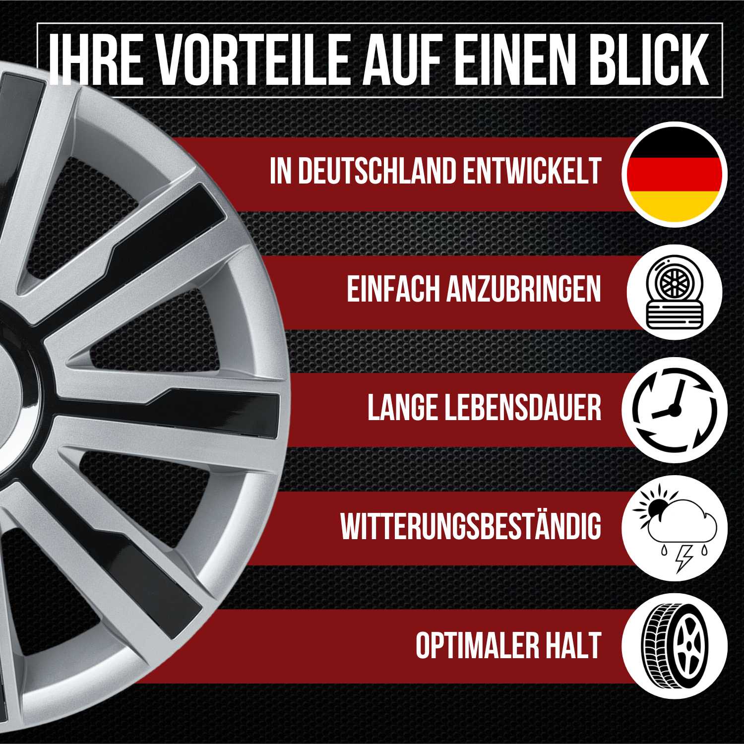 Mirage Radkappen Vorteile, 4 Stück 13-17 Zoll Matt/Glänzend – Premium Radzierblenden, Autostyling