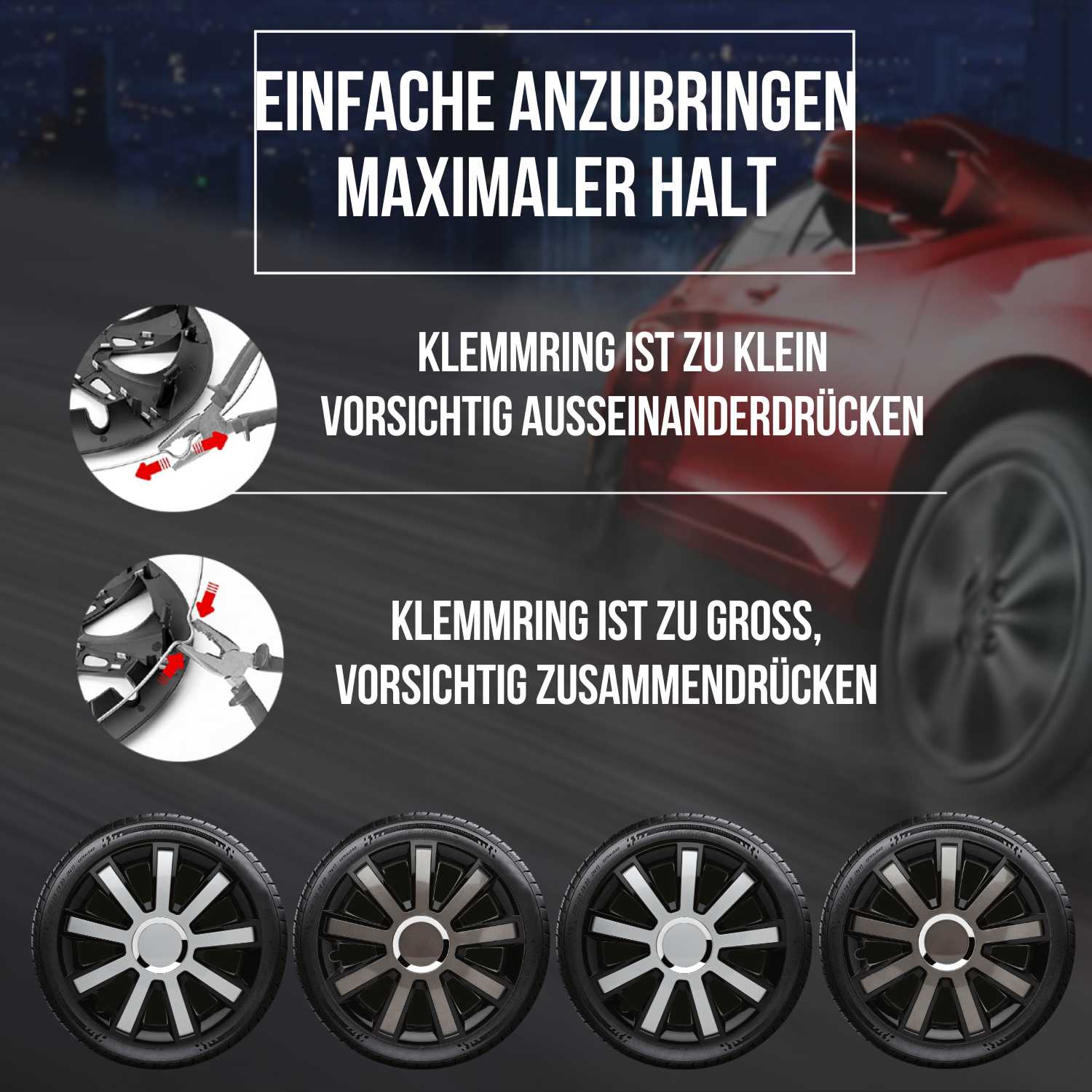 Flash Radkappen 14-16 Zoll – Silber/Grau, Schwarz/Silber, Schwarz/Grau