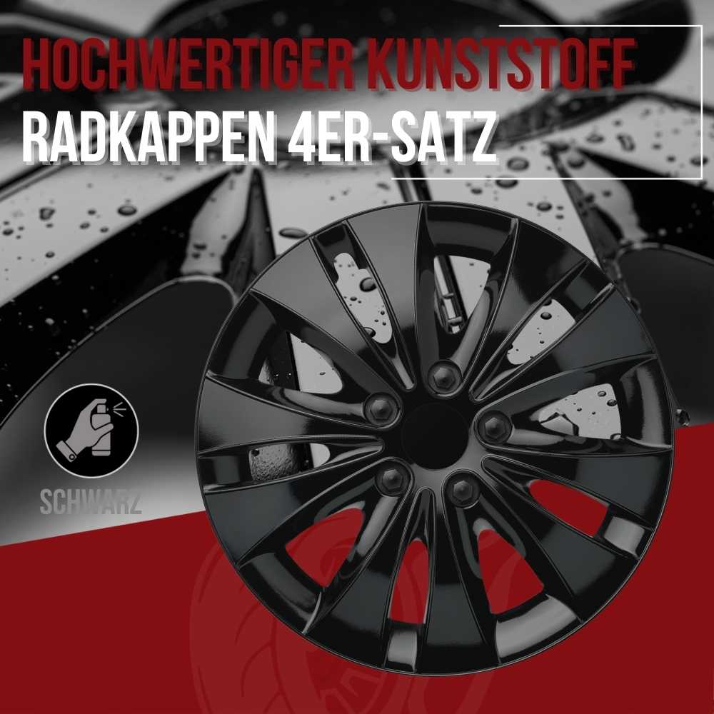 Storm Radkappen schwarz, 4 Stück 13-17 Zoll Matt/Glänzend – Premium Radzierblenden, Autostyling