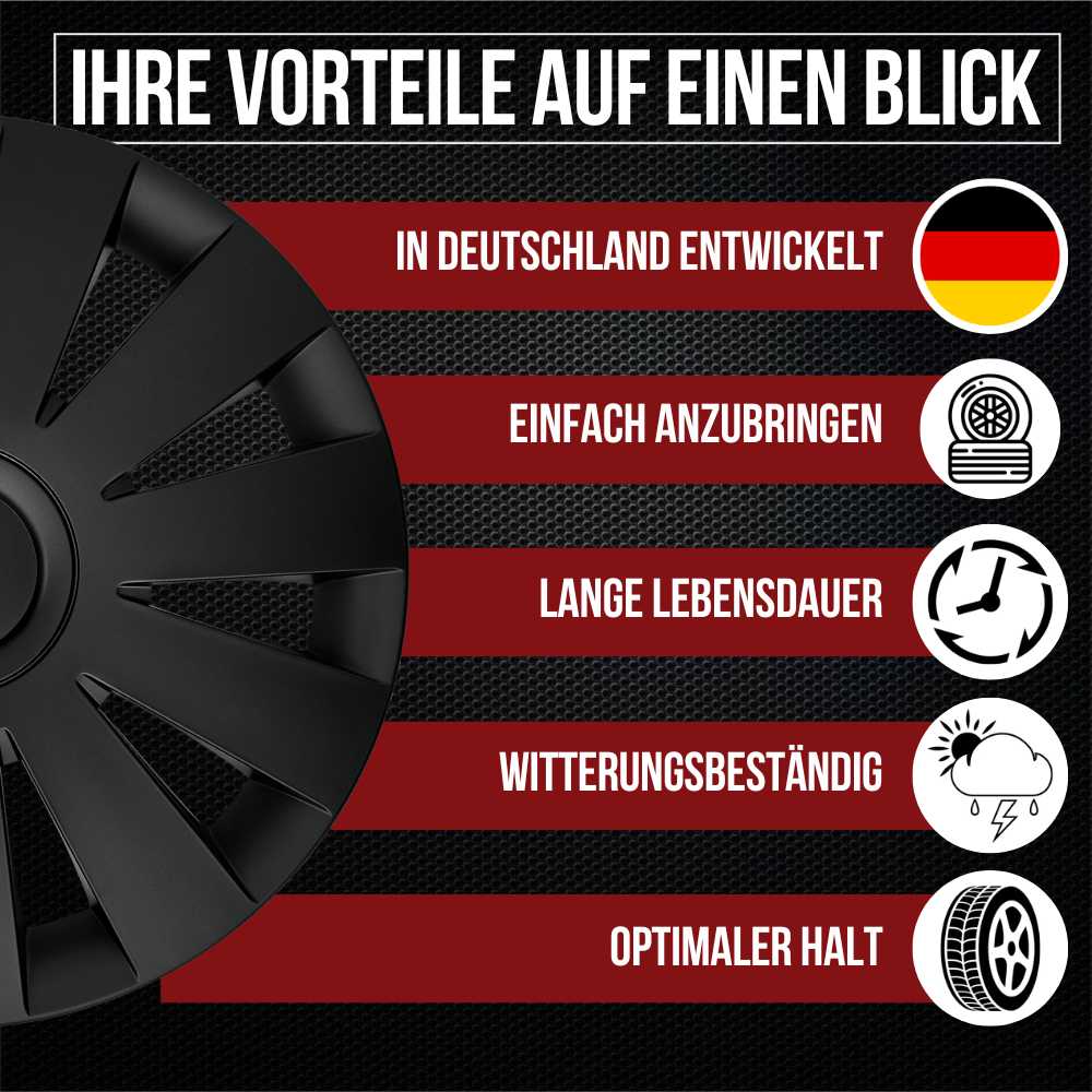 Strike Radkappen Vorteile, 4 Stück 13-17 Zoll Matt/Glänzend – Premium Radzierblenden, Autostyling