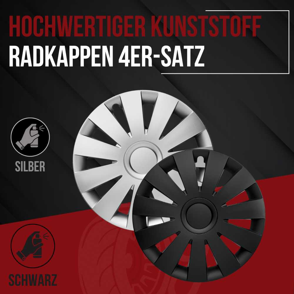 Strike Radkappen silber matt schwarz matt, 4 Stück 13-17 Zoll Matt/Glänzend – Premium Radzierblenden, Autostyling